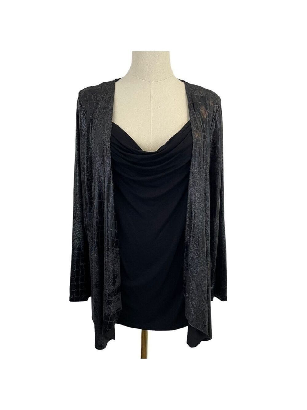 Peter Nygard Cocktail Top Womens M Petite Black Snakeskin Sparkle Party Cowl EUC